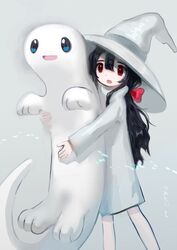  90_5lb animal black_hair borrowed_character bow creature dress feet_out_of_frame female gregor_(tsurunoka) hair_between_eyes hairbow hat highres lead_white_(tsurunoka) long_hair long_sleeves original oversized_animal red_bow red_eyes shadow solo white_dress white_hat witch_hat 