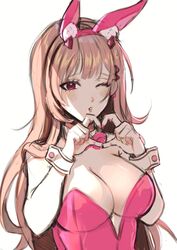  :d animal_ears bare_shoulders blush bow bowtie breasts cleavage detached_collar fake_animal_ears fake_nails female goddess_of_victory:_nikke heart highres horns large_breasts leotard light_brown_hair lilinee long_hair nail_polish pink_eyes pink_horns pink_leotard playboy_bunny rabbit_ears rabbit_tail red_bow red_bowtie sidelocks smile solo strapless strapless_leotard tail upper_body viper_(nikke) viper_(toxic_rabbit)_(nikke) wrist_cuffs 