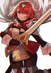  absurdres breasts cosplay earrings falchion_(fire_emblem) female fire_emblem fire_emblem_awakening headpiece highres jewelry large_breasts lucina_(fire_emblem) lucina_(fire_emblem)_(cosplay) pyra_(xenoblade) red_eyes red_hair short_hair simple_background solo sword tarbo_(exxxpiation) tiara weapon white_background xenoblade_chronicles_(series) xenoblade_chronicles_2 