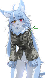  2023 5_fingers :3 ahoge anthro blue_body blue_ears blue_fur blue_hair blue_inner_ear blue_tail bottomless bottomless_anthro bottomless_female breasts brown_clothing brown_jacket brown_topwear camo camo_clothing camo_jacket camo_print camo_topwear cat_teaser cat_toy cheek_tuft clothed clothing colored countershade_face countershade_fur countershade_legs countershade_neck countershading cute_fangs digital_media_(artwork) domestic_cat eyelashes facial_tuft featureless_crotch felid feline felis female female_anthro fingers fluffy forked_tail front_view fur hair heterochromia hi_res humanoid_hands inner_ear_fluff jacket jacket_only japan_air_self-defense_force kemono leaning leaning_forward long_hair looking_at_viewer low-angle_view male_(lore) mammal monotone_hair monotone_tail mtf_crossgender multicolored_body multicolored_fur neck_tuft omaneko_(jasdf) pattern_clothing pattern_topwear pockets portrait pupils red_eyes rule_63 shaded simple_background slit_pupils small_breasts snaggle_tooth solo standing suzuki-shi tail three-quarter_portrait topwear tuft two_tone_body two_tone_fur unusual_anatomy unusual_tail whiskers white_background white_body white_countershading white_fur white_inner_ear_fluff yellow_eyes 