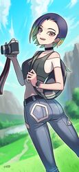  ass back bare_shoulders black_choker black_shirt blue_hair bob_cut breasts brown_eyes camera choker collarbone crop_top denim female gradient_hair grey_shirt highres holding holding_camera jeans loose_hair_strand medium_breasts midriff multicolored_hair off-shoulder_shirt off_shoulder pants perrin_(pokemon) pokemon pokemon_sv raito_(latek) related ribbed_shirt shirt sleeveless sleeveless_shirt solo two-tone_hair undershirt v-neck watch wristwatch 