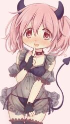  absurdres bad_id bad_pixiv_id black_bra black_panties black_thighhighs bra choker demon_horns demon_tail female finger_to_mouth highres hitode horns kaname_madoka mahou_shoujo_madoka_magica mahou_shoujo_madoka_magica_(anime) panties pink_eyes pink_hair see-through short_hair side-tie_panties solo spiked_choker spikes tail thighhighs twintails underwear 