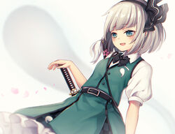  belt black_belt black_bow black_bowtie black_hairband black_ribbon blush bow bowtie breasts commentary_request cowboy_shot female green_eyes green_skirt green_vest grey_hair hair_ribbon hairband head_tilt hitodama katana konpaku_youmu konpaku_youmu_(ghost) kyouda_suzuka miniskirt partial_commentary petals petticoat puffy_short_sleeves puffy_sleeves ribbon shirt short_hair short_sleeves simple_background skirt small_breasts solo standing sword touhou vest weapon white_background white_hair white_shirt 