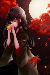  black_hair closed_eyes closed_mouth commentary_request epiphyllum female final_fantasy final_fantasy_xiv food fruit full_moon hakama hands_up highres hime_cut hyur japanese_clothes kimono kohina27831 leaf lips lipstick long_hair makeup maple_leaf maple_tree mole mole_under_mouth moon night night_sky outdoors persimmon sidelocks signature sky solo tree wind yellow_moon yotsuyu_goe_brutus 