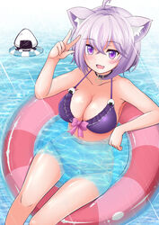  :d afloat animal_ear_fluff animal_ears arm_up bakko bare_arms bikini black_choker blush breasts cat_ears cat_girl choker cleavage commentary_request crossed_bangs feet_out_of_frame female frilled_bikini frills hair_between_eyes halterneck highres hololive innertube medium_breasts nekomata_okayu onigirya_(nekomata_okayu) partially_submerged purple_bikini purple_eyes smile swim_ring swimsuit v virtual_youtuber water 