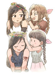  3girls aerith_gainsborough arm_ribbon asymmetrical_hair black_hair black_shirt blush bracelet braid braided_ponytail breasts brown_eyes brown_hair closed_eyes final_fantasy final_fantasy_vii final_fantasy_vii_advent_children green_eyes grey_shirt hair_ribbon head_wreath highres jacket jewelry large_breasts lolicon long_hair marlene_wallace multiple_girls multiple_views parted_bangs pink_skirt puffy_short_sleeves puffy_sleeves red_jacket ribbon shirt short_sleeves sidelocks skirt sweatdrop tifa_lockhart tsubobot upper_body white_background white_shirt 