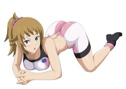  absurdres all_fours ass bare_shoulders bike_shorts blue_eyes breasts brown_hair commentary_request female gundam gundam_build_fighters gundam_build_fighters_try highres hoshino_fumina iwao178 looking_at_viewer midriff open_mouth ponytail simple_background solo sports_bra sportswear two-tone_sports_bra white_background 