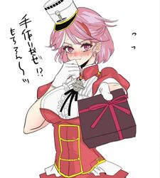  anno88888 black_ribbon blush box breasts closed_mouth commentary female flying_sweatdrops gift gift_box giuseppe_garibaldi_(kancolle) gloves hat highres kantai_collection multicolored_hair neck_ribbon nose_blush oerba_yun_fang pink_eyes pink_hair red_hair ribbon short_hair short_sleeves simple_background skin_fang solo streaked_hair translated upper_body white_background white_gloves white_hair white_hat 