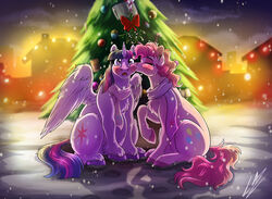  2020 alicorn blush chest_tuft christmas christmas_lights christmas_tree closed_eyes cutie_mark digital_media_(artwork) duo equid equine feathered_wings feathers female female/female feral fetlocks friendship_is_magic fur hair hasbro hi_res holidays hoofprints hooves horn horse kissing kissing_cheek lupiarts mammal mistletoe my_little_pony mythological_creature mythological_equine mythology open_mouth pink_body pink_fur pink_hair pink_hooves pink_scarf pink_tail pinkie_pie_(mlp) plant pony purple_body purple_eyes purple_feathers purple_fur purple_hair purple_hooves purple_scarf purple_tail purple_wings scarf snow snowing surprise surprise_kiss tail tree tuft twilight_sparkle_(mlp) wings 