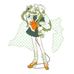  bow braid commentary english_text female fingerless_gloves floating_hair full_body gauntlets gloves green_eyes green_hair green_skirt hairbow kayuo leg_warmers lipstick locadol_promotion long_hair looking_at_viewer makeup map microphone nail_polish orange_footwear orange_lips orange_nails pleated_skirt school_uniform serafuku shizuoka_prefecture shorts simple_background skirt solo standing twin_braids very_long_hair white_background white_bow white_shorts 