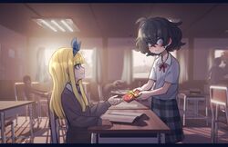  2girls 3others averting_eyes bandaid bandaid_on_hand blind blind_girl_(popopoka) blonde_girl_(popopoka) blonde_hair blue_eyes blush book bow bowtie box chair classroom collared_shirt desk ear_blush english_commentary flying_sweatdrops freckles from_side gift gift_box giving grey_eyes highres indoors long_hair looking_at_another multiple_girls multiple_others nervous original popopoka school_uniform shirt sitting sweat valentine yellow_bow yuri 