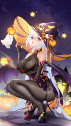  :p ahoge bare_shoulders bat_(animal) between_legs black_bodysuit black_footwear blush bodysuit bow breasts bridal_gauntlets checkered_floor demon_tail demon_wings eyeball eyelashes female fingernails full_body ghost glowing hair_between_eyes halloween hand_between_legs hand_on_headwear hat heart high_heels highres horns jack-o&#039;-lantern large_breasts liu_liaoliao long_eyelashes long_hair night night_sky orange_bow original pantyhose purple_hat purple_nails purple_wings red_eyes sky solo squatting star_(sky) star_(symbol) tail tongue tongue_out torn torn_wings twintails two-tone_headwear very_long_hair white_hair wings witch_hat yile_(liu_liaoliao) 