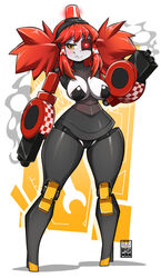  android bayeuxman breasts fangs female full_body highres joints mecha_musume mimi-sentry_(flyingpiggles) original paid_reward_available red_hair robot_joints skirt smoke solo standing team_fortress_2 twintails variant_set 