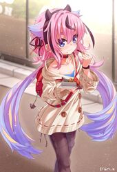  1other :3 bag blue_eyes blue_hair box buttons charm_(object) choker commentary eating etogami_kazuya food giving gradient_hair hair_flaps hair_ribbon hairband highres holding holding_box holding_food horns light_smile long_hair looking_at_viewer meika_hime multicolored_hair pantyhose pink_hair pocky ribbon road school_bag street twintails two-tone_hair valentine very_long_hair vocaloid walking wristband 