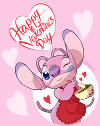  2021 4:5 alien angel_(lilo_and_stitch) antennae_(anatomy) apron batter blue_eyes blue_tongue bowl cel_shading claws clothing container digital_drawing_(artwork) digital_media_(artwork) disney english_text experiment_(lilo_and_stitch) eyelashes female harara heart_symbol hi_res holiday_message holidays lilo_and_stitch long_antennae looking_at_viewer one_eye_closed pink_background pink_body purple_claws purple_nose shaded signature simple_background solo spatula text tongue tongue_out tools valentine&#039;s_day wink 