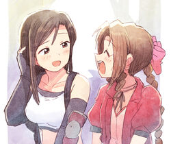  2girls aerith_gainsborough asymmetrical_hair black_undershirt blush braid braided_ponytail breasts brown_eyes brown_hair choker closed_eyes collarbone crop_top dress elbow_pads final_fantasy final_fantasy_vii final_fantasy_vii_remake fingerless_gloves gloves hair_ribbon hand_in_own_hair jacket laughing medium_breasts multiple_girls open_mouth parted_bangs pink_dress puffy_short_sleeves puffy_sleeves red_jacket ribbon shirt short_sleeves sidelocks suspenders tank_top teeth tifa_lockhart tsubobot undershirt upper_body upper_teeth_only wavy_hair white_shirt white_tank_top 