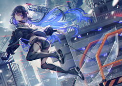  black_footwear black_gloves black_hair black_jacket black_shorts black_thighhighs blue_eyes blue_hair building choker cityscape cloud cloudy_sky crane_(machine) female from_behind gloves hair_between_eyes highres jacket jumping kamitsubaki_studio koko_(kamitsubaki_studio) long_hair looking_back mebaru mole mole_under_eye multicolored_hair shoe_soles shoes short_shorts shorts single_glove sky skyscraper sneakers solo spiral_staircase splashing stairs thighhighs transparent transparent_umbrella two-tone_hair umbrella virtual_youtuber 