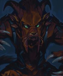  2023 4_ears anthro biped charr claws digital_media_(artwork) fangs felid female finger_claws green_eyes guild_wars hi_res horn mammal mask multi_ear shanikafaceless solo teeth whiskers 