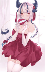  absurdres alternate_costume animal_ears bad_id bad_pixiv_id bare_shoulders black_hair blunt_bangs blush bow box braid breasts chest_jewel choker cleavage closed_mouth dress earrings elbow_gloves female gloves hair_ornament heart heart-shaped_box heart_tail highres holding horns indoors jewelry large_breasts long_braid long_hair looking_at_viewer multicolored_hair original ox_girl_(risumi) red_bow red_choker red_dress red_eyes risumi_(taka-fallcherryblossom) short_dress smile solo strapless strapless_dress tail thighhighs valentine very_long_hair white_gloves white_hair white_thighhighs window 