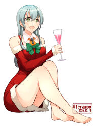  aqua_eyes aqua_hair arm_warmers ascot bare_legs bare_shoulders blush breasts christmas christmas_tree_hair_ornament cup dated detached_collar detached_sleeves dress drinking_glass female fur-trimmed_dress fur-trimmed_sleeves fur_trim hair_ornament hairclip kantai_collection large_breasts long_hair looking_at_viewer open_mouth orange_ascot red_dress santa_costume santa_dress sitting smile strapless strapless_dress suzuya_(christmas_mode)_(kancolle) suzuya_(kancolle) teramoto_kaoru twitter_username white_background 