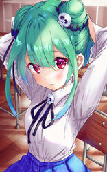  alternate_costume black_ribbon blue_hair blue_ribbon blue_skirt blush brooch chair classroom collared_shirt double_bun dress_shirt female gradient_hair green_hair hair_bun hair_ornament hair_ribbon highres hololive jewelry long_sleeves looking_at_viewer medium_hair multicolored_hair neck_ribbon on_chair parted_lips red_eyes ribbon school_chair school_uniform shirt sidelocks sitting skirt skull_brooch skull_hair_ornament sleeves_rolled_up solo surprised tarunyan tying_hair unbuttoned_sleeves uruha_rushia virtual_youtuber white_shirt 