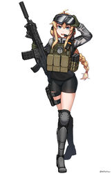  :d absurdres ahoge arm_up armored_boots assault_rifle bike_shorts black_shorts black_thighhighs blonde_hair blue_eyes blush boots braid commentary crossed_legs cz_805_bren ear_protection female full_body girls&#039;_frontline gloves goggles goggles_on_head green_gloves grey_footwear grey_jacket griffin_&amp;_kryuger gun hair_between_eyes hair_intakes hand_on_goggles headset highres holding holding_gun holding_weapon indie_virtual_youtuber jacket knee_boots knee_pads long_hair long_sleeves looking_at_viewer md5_mismatch ndtwofives resolution_mismatch rifle short_shorts shorts simple_background single_braid smile solo source_larger standing thighhighs thighhighs_under_boots twitter_username very_long_hair virtual_youtuber weapon whiskey_project white_background 