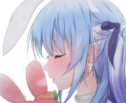  absurdres animal_ears blowing_in_ear blue_hair blue_ribbon blush breath choker closed_eyes ear_blush earrings extra_ears female from_side hair_ornament hair_ribbon hairclip highres hololive jewelry long_hair maccaron61 multicolored_hair parted_lips pekomon_(usada_pekora) portrait profile rabbit_ears ribbon simple_background solo streaked_hair thick_eyebrows usada_pekora usada_pekora_(casual) virtual_youtuber white_background white_choker white_hair 