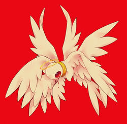  biblically_accurate_angel blood blood_from_eyes collar commentary_request creature feathered_wings gold_collar halo lobotomy_corporation masyu_ori multiple_wings no_humans project_moon red_background red_eyes simple_background whitenight_(project_moon) wings yellow_halo 