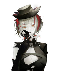  absurdres ambience_synesthesia arknights black_gloves black_hat black_shirt breasts cleavage demon_horns elbow_gloves female gloves grey_hair hat highres holding holding_mask horns large_breasts looking_at_viewer mask pale_skin parted_lips shirofukurou shirt short_hair simple_background solo straight-on upper_body w_(arknights) w_(wanted)_(arknights) white_background yellow_eyes 