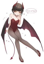  black_hair black_pantyhose blush brown_eyes closed_mouth collarbone demon_horns demon_tail demon_wings english_text female fingernails halloween halloween_costume horns kantai_collection leotard long_fingernails nail_polish one-hour_drawing_challenge pantyhose red_horns red_leotard red_nails sharp_fingernails short_hair simple_background smile solo speech_bubble strapless strapless_leotard tail trick_or_treat un&#039;you_(kancolle) white_background wings yamashichi_(mtseven) yawata_maru_(kancolle) 