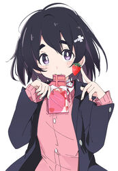  bad_id bad_pixiv_id black_hair blush bright_pupils candy cardigan chocolate chocolate_bar commentary_request duplicate female food fruit ghana_(chocolate) hair_ornament hairclip ixy long_sleeves looking_at_viewer lotte_(company) momo_(pink_valentine) pink_cardigan pink_valentine pixel-perfect_duplicate purple_eyes short_hair simple_background solo strawberry thick_eyebrows white_background white_pupils 