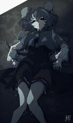  animal_ears artist_logo black_dress black_eyes capelet commentary_request dress feet_out_of_frame female grey_background grey_capelet grey_hair grey_skirt hair_between_eyes highres layered_clothes long_sleeves lying mouse_ears mouse_girl mouse_tail nazrin on_back shirt short_hair skirt sokura_(mochichitose) solo tail touhou white_shirt 