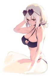  azur_lane bare_legs bikini black_bikini black_choker breasts choker cleavage cleavage_cutout closed_mouth clothing_cutout commentary eyelashes eyewear_on_head female hair_between_eyes hand_on_own_head heart heart-shaped_eyewear heart_cutout highres large_breasts looking_down official_alternate_costume olys red-framed_eyewear red_eyes short_hair simple_background sirius_(azur_lane) sirius_(scorching-hot_seirios)_(azur_lane) sitting solo sunglasses swimsuit white_background white_hair 