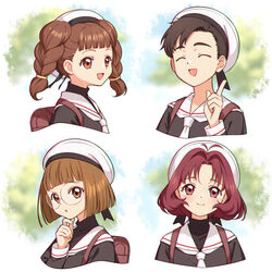  1boy 3girls bag black_hair brown_eyes brown_hair cardcaptor_sakura glasses hat highres mihara_chiharu multiple_girls official_style panndarake pointing pointing_up sasaki_rika school_bag school_hat school_uniform smile tomoeda_elementary_school_uniform twintails yamazaki_takashi yanagisawa_naoko 