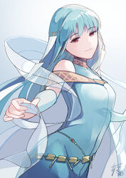  bare_shoulders belt blue_hair breasts circlet closed_mouth dancer dancing female fire_emblem fire_emblem:_the_blazing_blade long_hair looking_at_viewer medium_breasts ninian_(fire_emblem) red_eyes smile solo tarayuki upper_body 