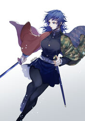  arm_at_side asymmetrical_clothes belt black_pantyhose black_skirt blue_eyes blue_hair blurry breasts closed_mouth demon_slayer_uniform depth_of_field dutch_angle feet_out_of_frame female genderswap_(mtf) holding holding_sheath holding_sword holding_weapon katana kimetsu_no_yaiba large_breasts long_hair long_sleeves looking_away looking_to_the_side miniskirt momochi_(orrizonte) pantyhose pleated_skirt rule_63 sandals sheath skirt skirt_set solo sword tabi tomioka_giyuu twitter_username unsheathed water water_drop weapon white_background wide_sleeves zouri 