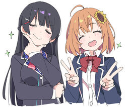  2girls :d ^_^ ahoge bad_id bad_pixiv_id black_hair blazer blush bow bowtie bright_pupils closed_eyes closed_mouth commentary_request double_v duplicate flower hair_flower hair_ornament hairclip honma_himawari ixy jacket long_hair multiple_girls nijisanji open_mouth orange_hair pixel-perfect_duplicate red_bow red_bowtie shirt short_hair simple_background smile sparkle sunflower sunflower_hair_ornament tsukino_mito tsukino_mito_(1st_costume) upper_body v virtual_youtuber white_background white_shirt 