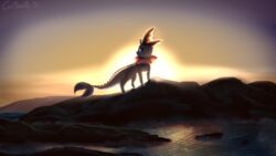  16:9 ambiguous_gender cloud coffeefly eeveelution generation_1_pokemon hi_res nintendo pokemon pokemon_(species) rock solo sunset tail vaporeon water widescreen 