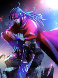  1boy bad_id bad_pixiv_id black_hair clawed_gauntlets cloak final_fantasy final_fantasy_vii gloves hakonoshuri headband highres long_hair male_focus pale_skin pointed_footwear red_eyes rubble ruins sleeves_rolled_up vincent_valentine 