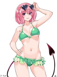  bikini blush breasts demon_tail eyewear_on_head female frilled_bikini frills green_bikini heart heart-shaped_eyewear highres looking_at_viewer medium_breasts momo_velia_deviluke navel oliver_koito pink_eyes pink_hair shiny_skin short_hair simple_background smile solo standing sunglasses swimsuit tail to_love-ru to_love-ru_darkness white_background 