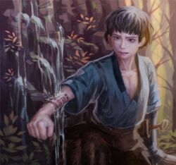  1boy absurdres ashitaka black_hair blue_shirt clenched_hand cliff forest highres hilt leown male_focus md5_mismatch mononoke_hime nature outdoors outstretched_arm painting_(medium) scar shirt short_hair traditional_media water waterfall weapon 