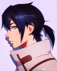  1boy black_hair blue_eyes brown_jacket expressionless from_side gundam gundam_build_divers gundam_build_divers_re:rise hair_behind_ear highres ilya_kuvshinov jacket kuga_hiroto looking_at_viewer male_focus portrait solo tied_hair 