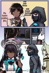  1boy 2girls animal_ears apron arknights black_hair blue_archive boys_anti_tank_rifle cat_ears cat_girl cosplay crossdressing dark-skinned_female dark-skinned_male dark_skin distracted_boyfriend_(meme) doctor_(arknights) echo-obake english_text female_doctor_(arknights) gloves kal&#039;tsit_(arknights) karin_(blue_archive) karin_(blue_archive)_(cosplay) locker long_hair looking_at_viewer maid maid_apron meme multiple_girls otoko_no_ko ribbon short_hair thorns_(arknights) yellow_eyes 