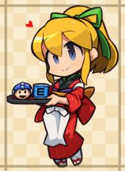  1up blonde_hair blue_eyes chibi closed_mouth energy_tank female full_body green_ribbons hair_ribbon heart ibara. japanese_clothes kimono long_hair mega_man_(classic) mega_man_(series) ponytail ribbon roll_(mega_man) smile solo 