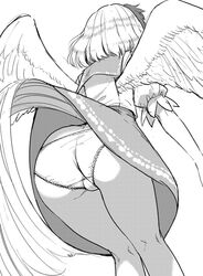  ass bad_id bad_twitter_id bent_over bird_tail bird_wings clothes_lift facing_away feathered_wings female frilled_panties frills from_below greyscale kneepits monochrome multicolored_hair niwatari_kutaka panties short_hair short_sleeves skirt skirt_lift standing tail tail_raised touhou two-tone_hair underwear upskirt urin white_panties wings 