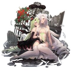  2girls absurdres angel angel_and_devil angel_wings birdcage breasts broken_halo cage cleavage commission commissioner_upload demon_girl demon_wings dress feathers green_hair hair_over_one_eye halo highres horns large_breasts long_hair multiple_girls naozi no_shoes non-web_source oni_horns original simple_background thighhighs underboob very_long_hair white_background white_hair wings yuri 