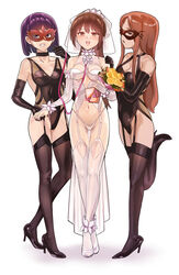  3girls bare_shoulders bondage bondage bondage_outfit bound bra bridal_veil bride brown_eyes brown_hair chinese_commentary commentary dominatrix domino_mask dress elbow_gloves femdom flower full_body girl_sandwich gloves high_heels highres holding holding_leash leash long_hair looking_at_viewer mask multiple_girls navel nontraditional_wedding_dress open_mouth original panties revealing_clothes revision rose sandwiched stomach strapless thighhighs underwear veil wedding_dress white_dress white_flower white_gloves white_rose white_thighhighs yewang19 yu_xuan_(yewang19) yuri 