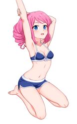  :d aikatsu!_(series) aikatsu_stars! armpits arms_up bare_arms bare_legs bare_shoulders barefoot bikini bikini_shorts blue_bikini blue_eyes blush breasts cleavage dolphin_shorts drill_hair female front-tie_bikini_top front-tie_top full_body groin looking_at_viewer open_mouth pink_hair sakuraba_rola seiza shorts simple_background sitting small_breasts smile solo stomach stretching swimsuit white_background yoban 