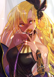  aaoshigatoutoi absurdres bad_id bad_pixiv_id bare_shoulders black_dress black_nails blonde_hair braid breasts dress female granblue_fantasy hair_ribbon halterneck helel_ben_shalem highres long_hair medium_breasts nail_polish pacifier ribbon solo tattoo upper_body yellow_eyes 