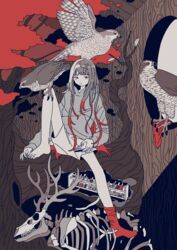  absurdres animal_skeleton animal_skull antlers bird bone commentary deer deer_antlers deer_skull eagle expressionless female flat_color hawk highres holding hood hoodie horns in_tree knee_up limited_palette long_hair looking_at_viewer mitsuki_sanagi nail_clippers nail_polish original red_background red_eyes red_legwear single_sock sitting sitting_in_tree socks tree 